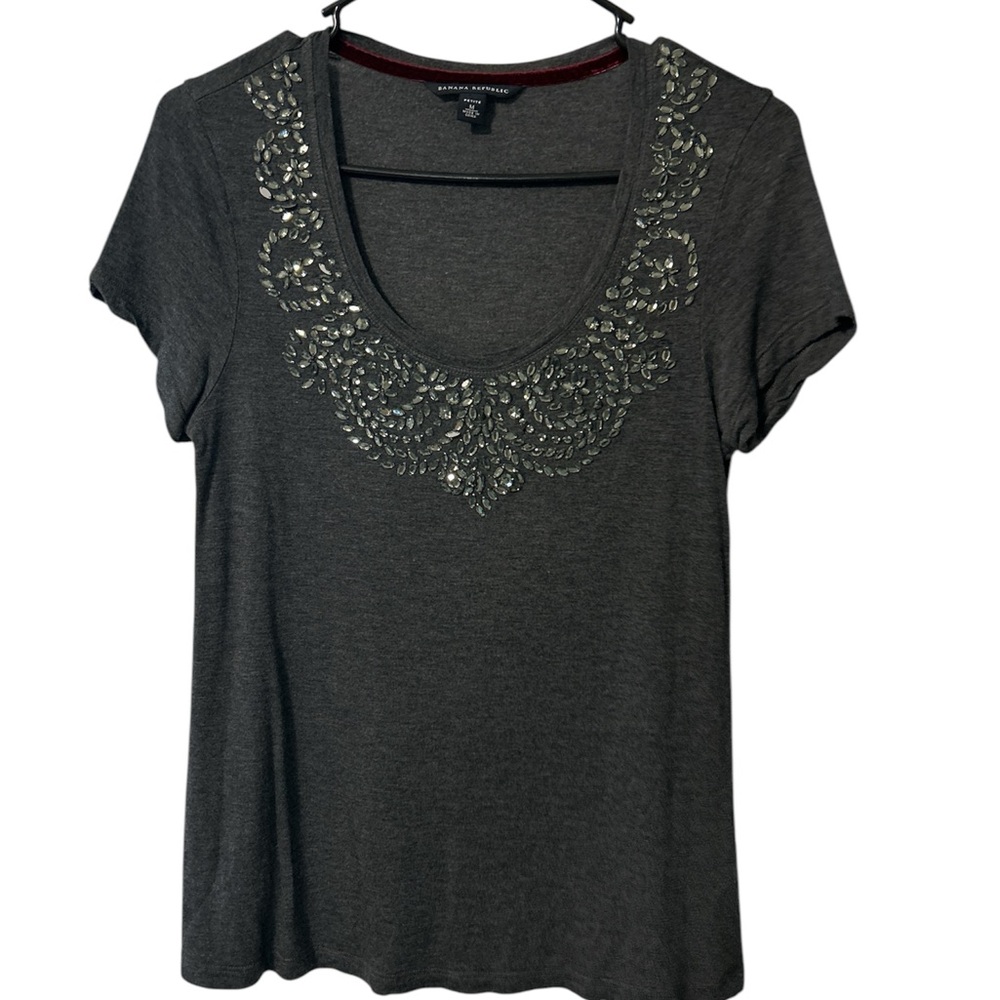 Banana Republic Gray Embellished Short Sleeve Tee